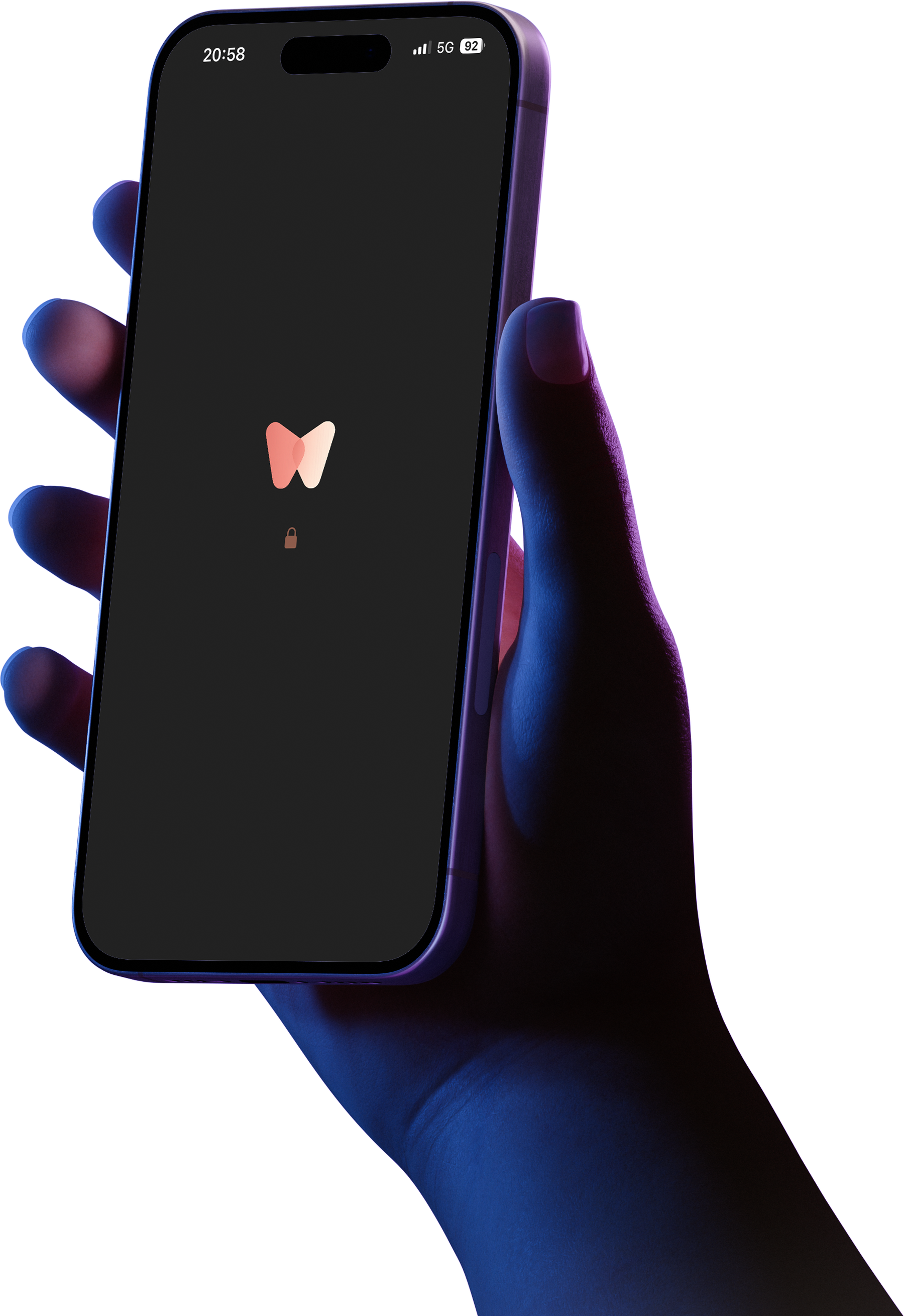 An iPhone held in one hand showing the WTNS lock screen, with the app icon above a padlock