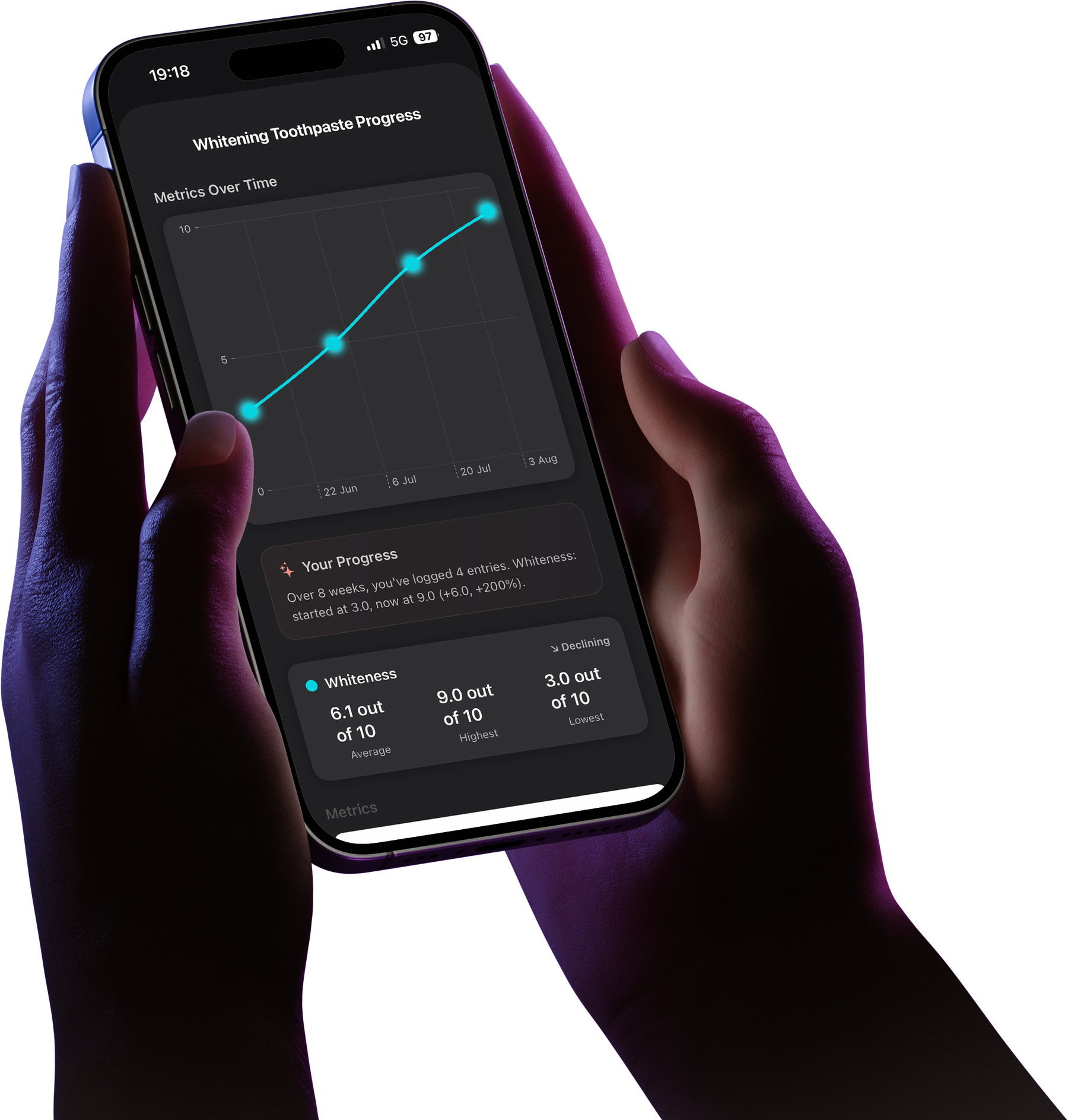 An iPhone held in two hands, showing a WTNS record charting whitening progress over eight weeks